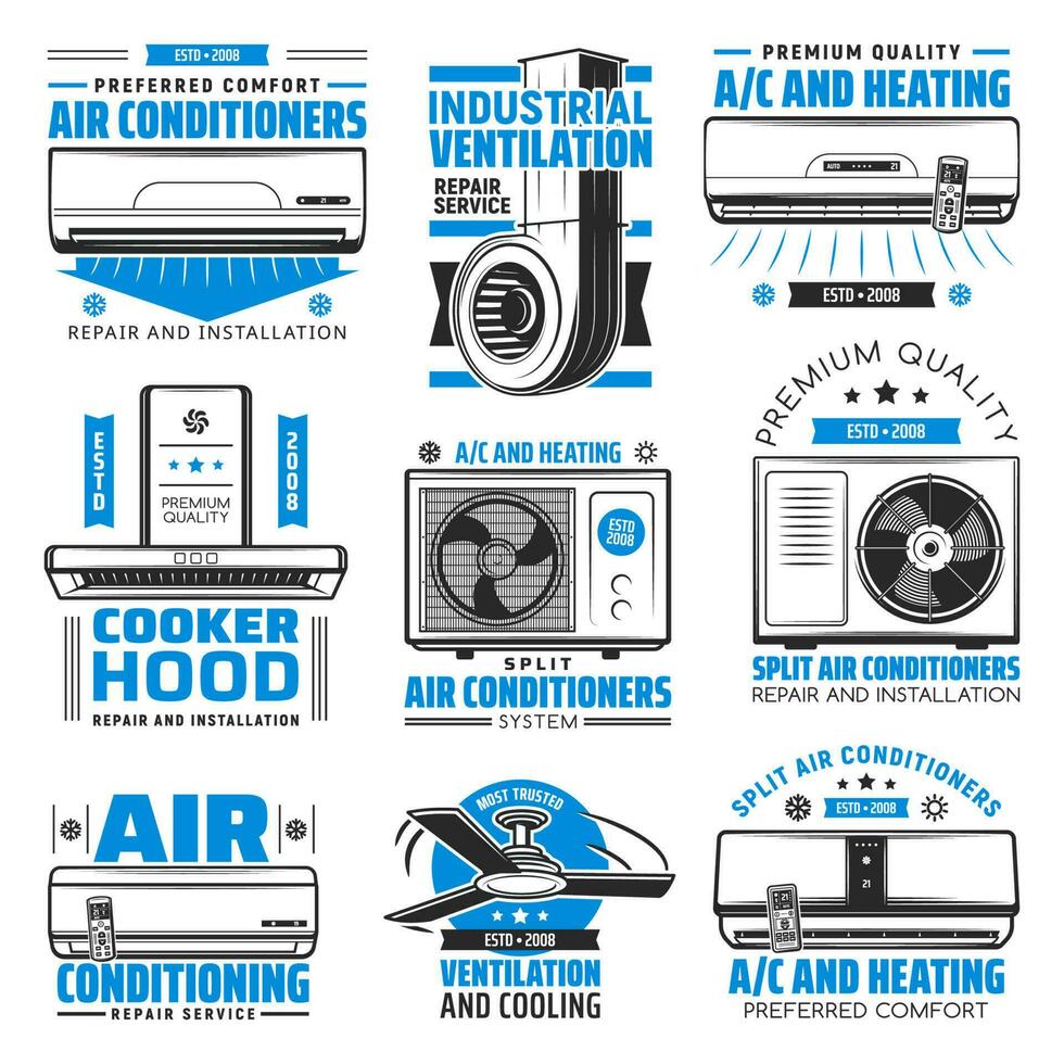 Air conditioning, heating and cooking hood icons vector