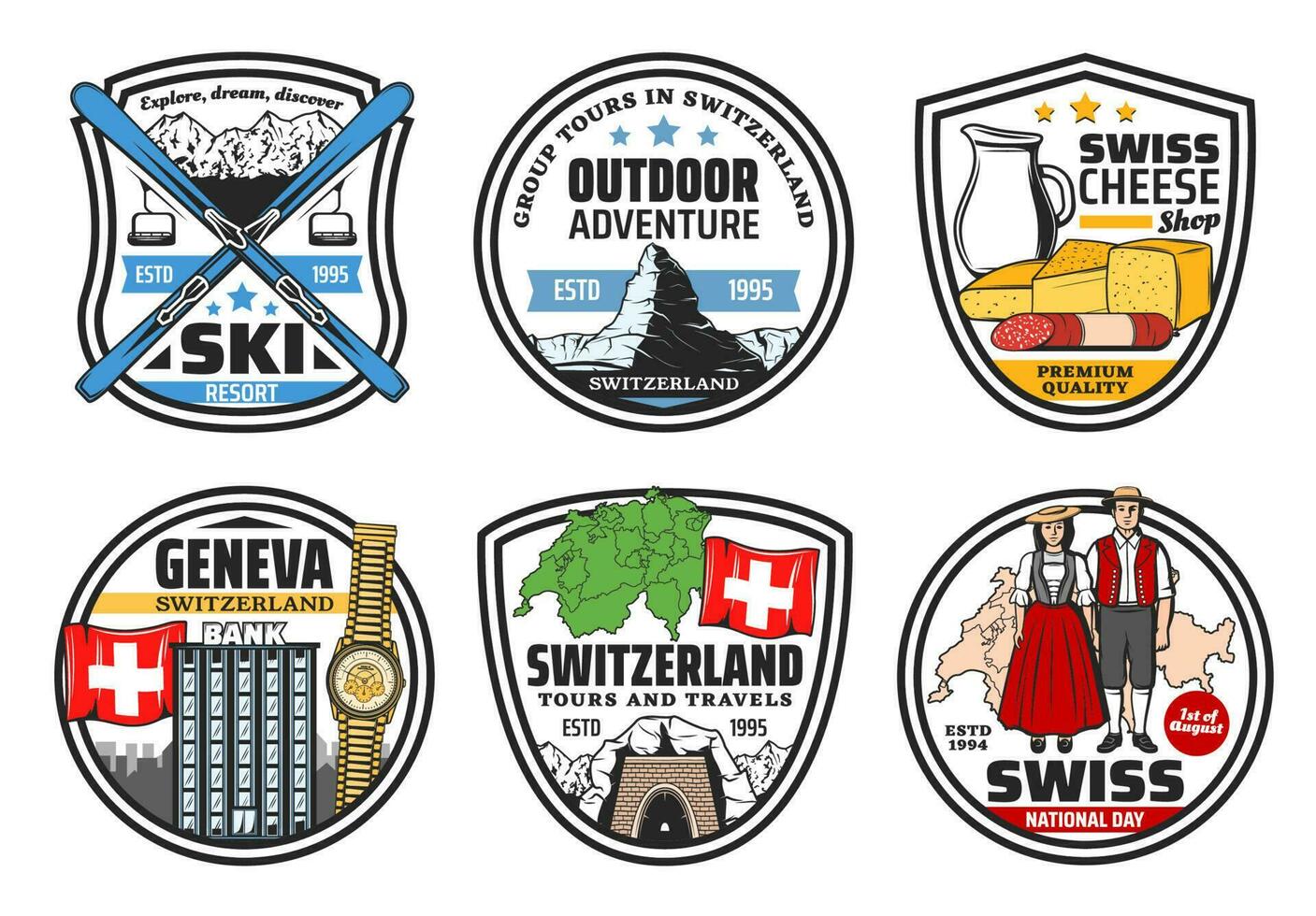 Switzerland culture, travel landmarks icons vector