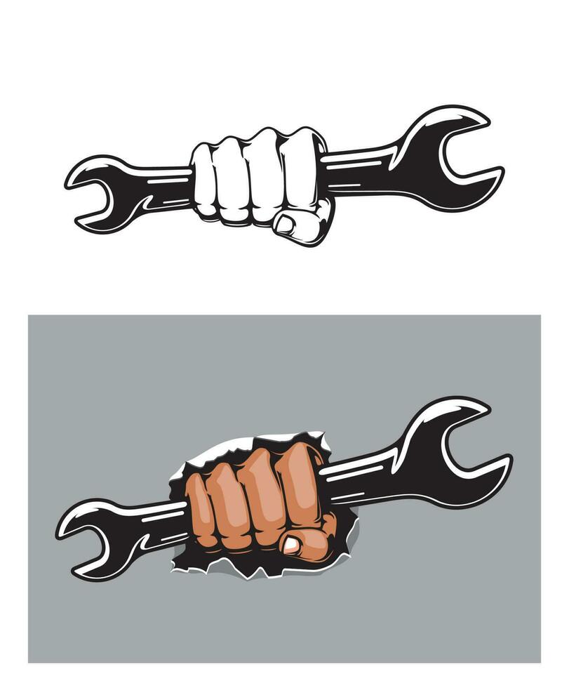 Human hand with wrench or spanner vector