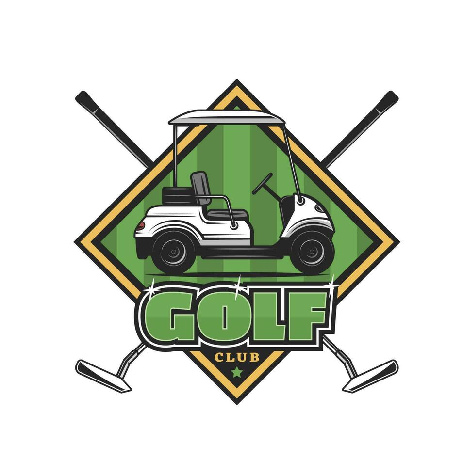 golf club icono carro en verde campo, cruzado clubs vector