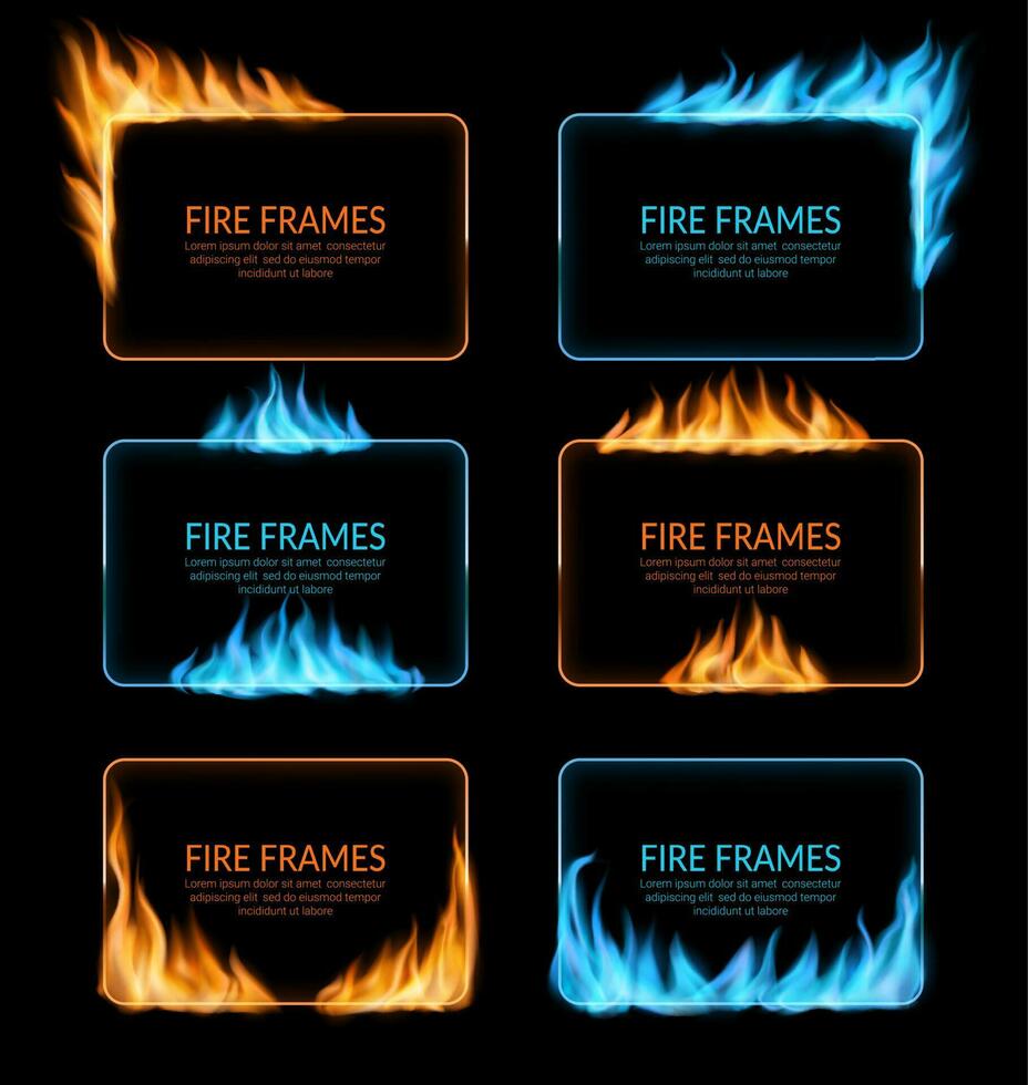 Gas and fire burning flame frames, vector borders
