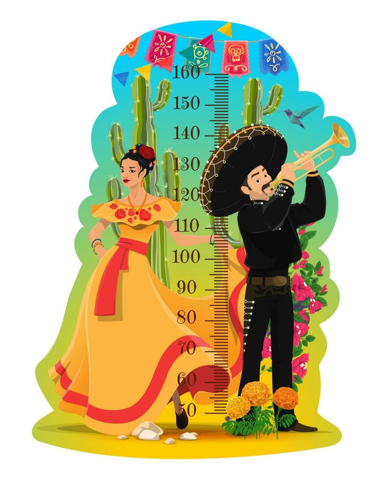 niños altura gráfico con mexicano músico y mujer vector