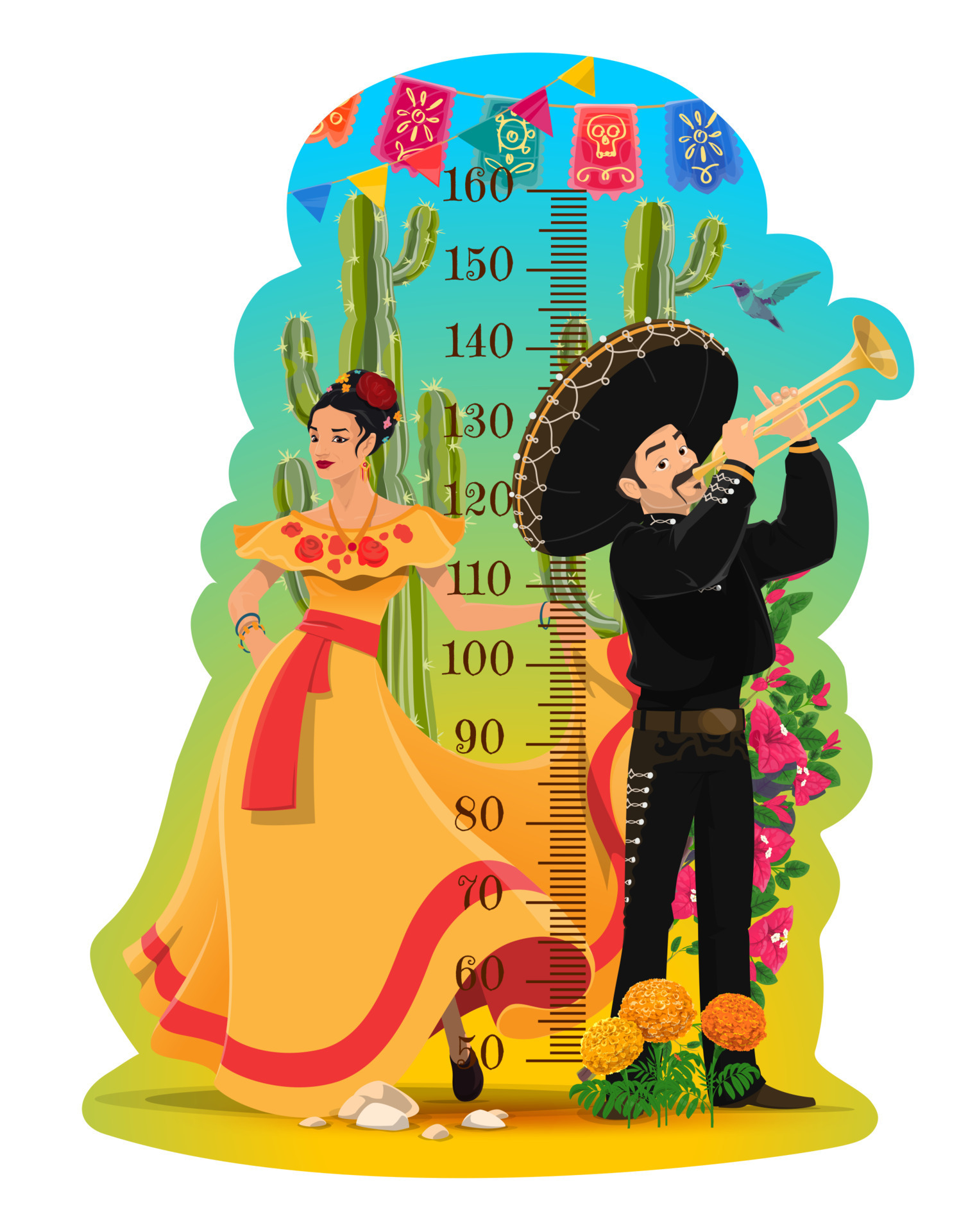 Kids height chart with Mexican musician and woman 23497020 Vector Art