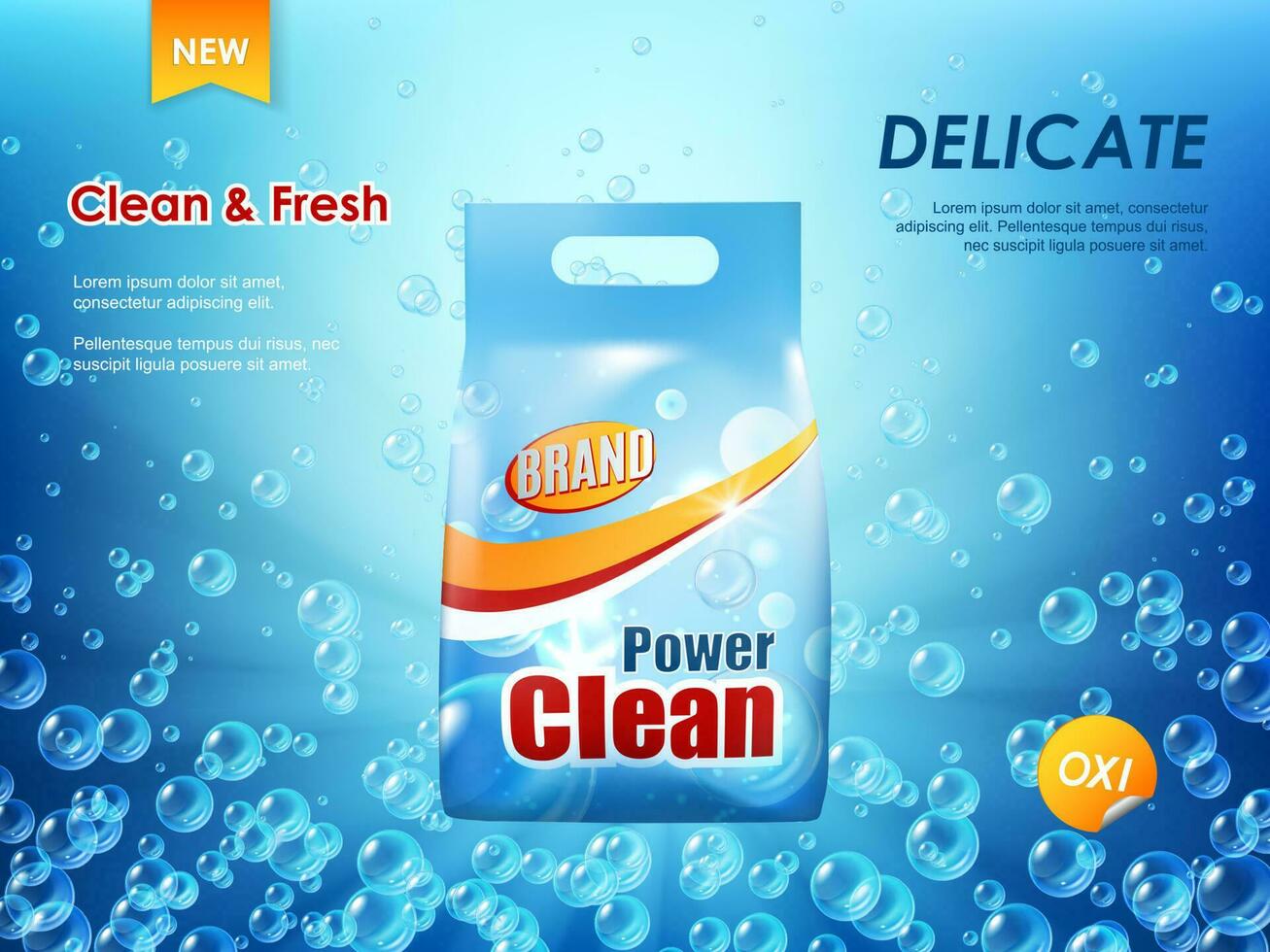 Washing powder packaging, laundry detergent banner vector