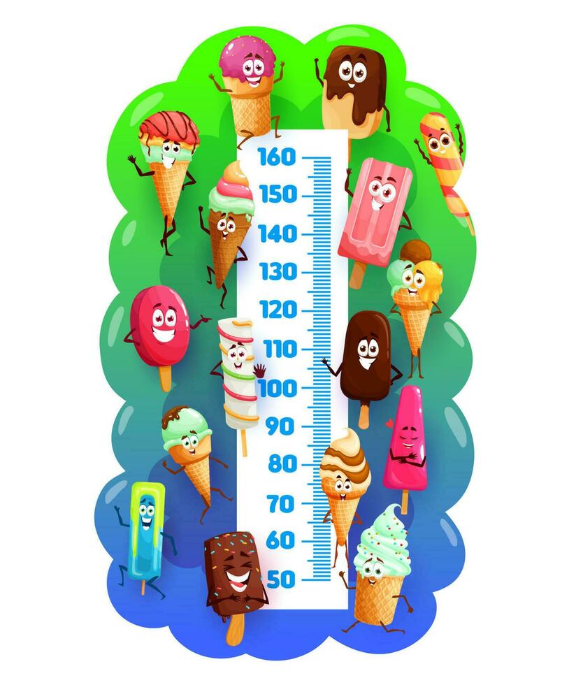 Kids height chart with ice cream funny characters vector