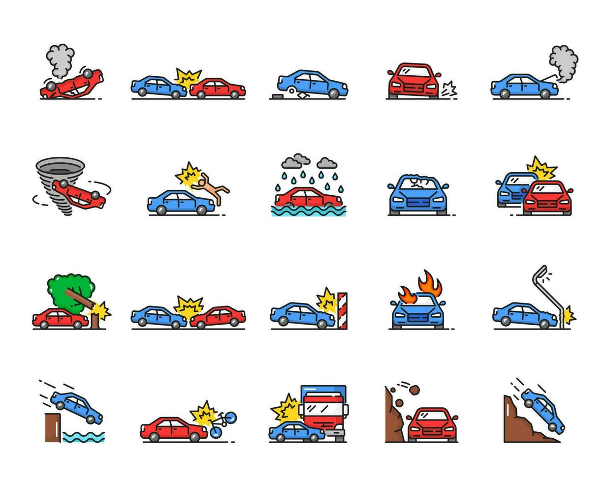 Car crash line icons, damage, collision, disaster vector