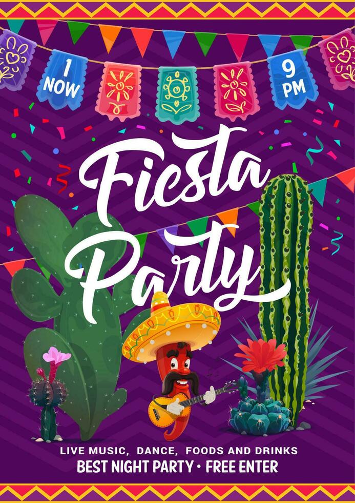 Mexican fiesta party flyer, cactuses, chili pepper vector