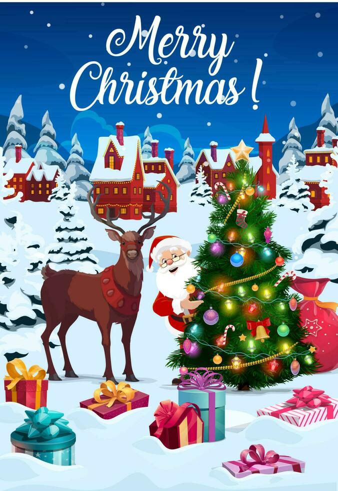 Navidad árbol decoraciones y reno con regalos vector