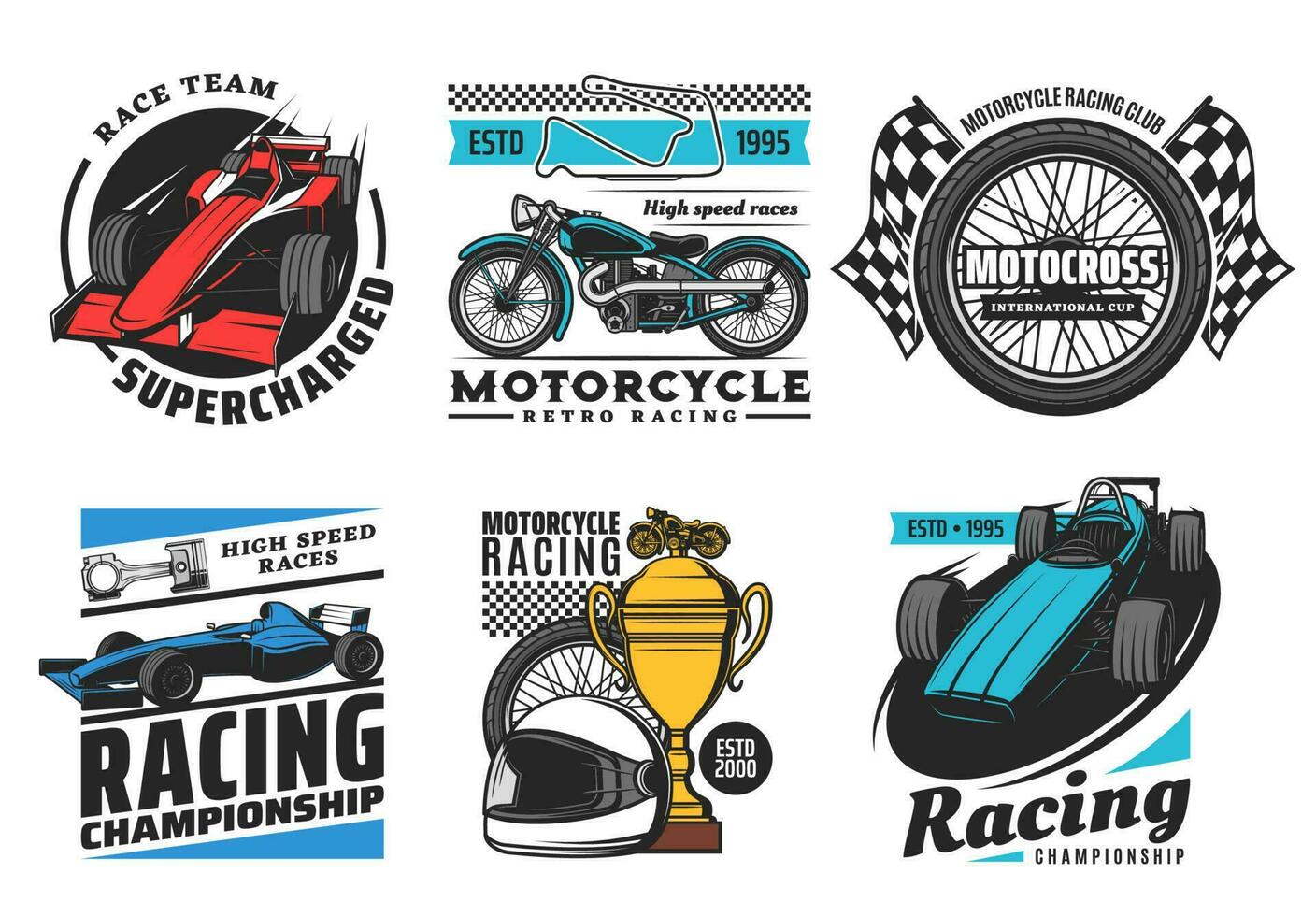 Racing and motorsport icons, motorcycle, car rally vector