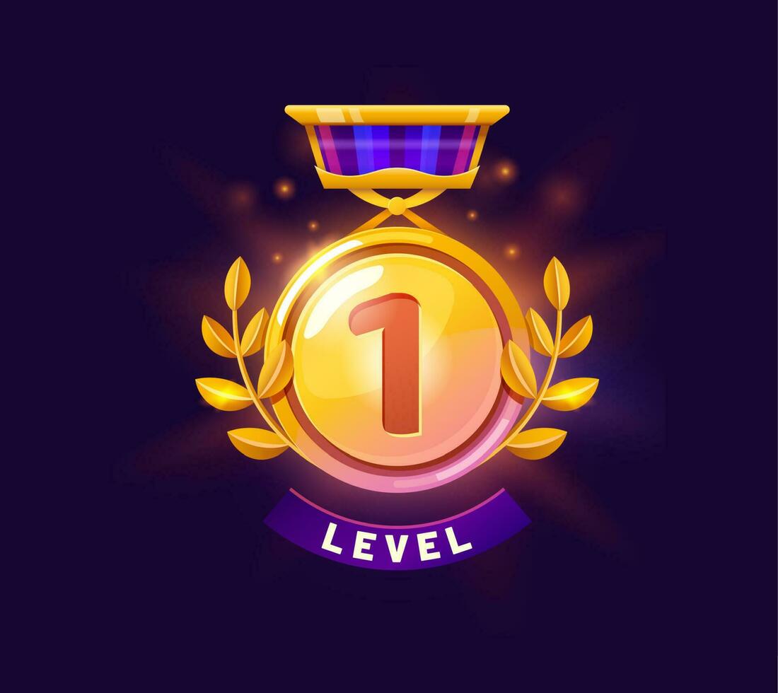 Game level up badge and win golden medal icon vector