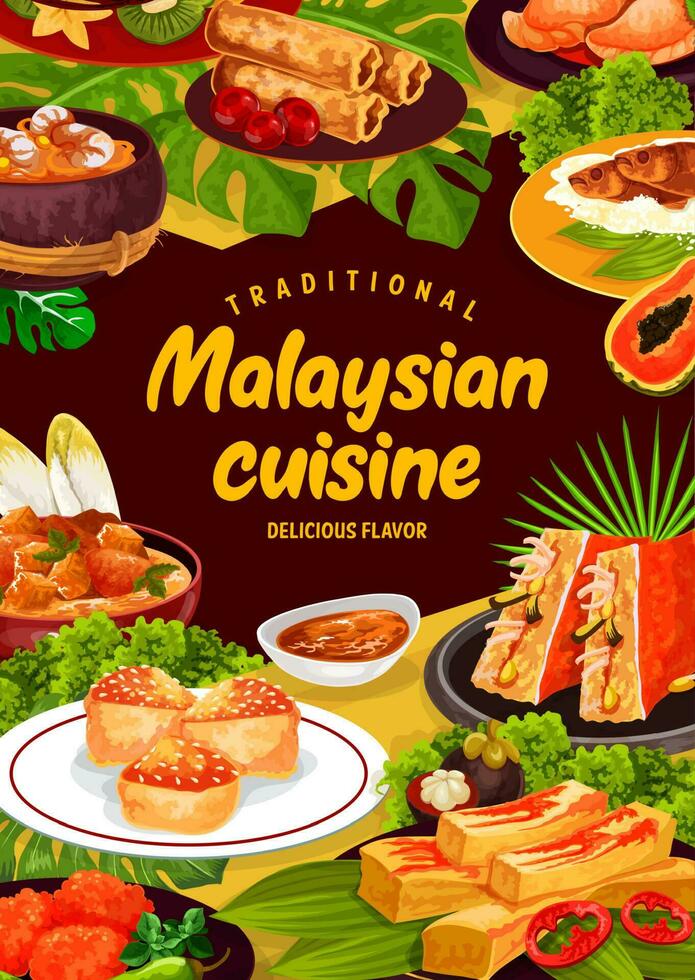 Malaysian cuisine poster, rice, vegetable and meat vector
