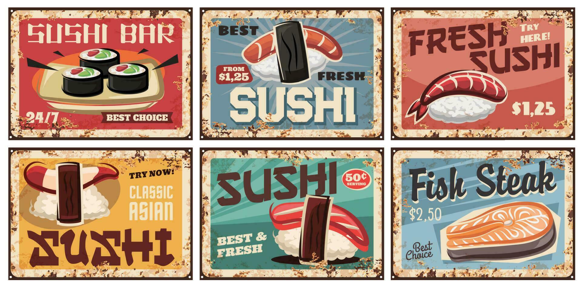 Sushi metal plates or retro posters, Japanese food vector