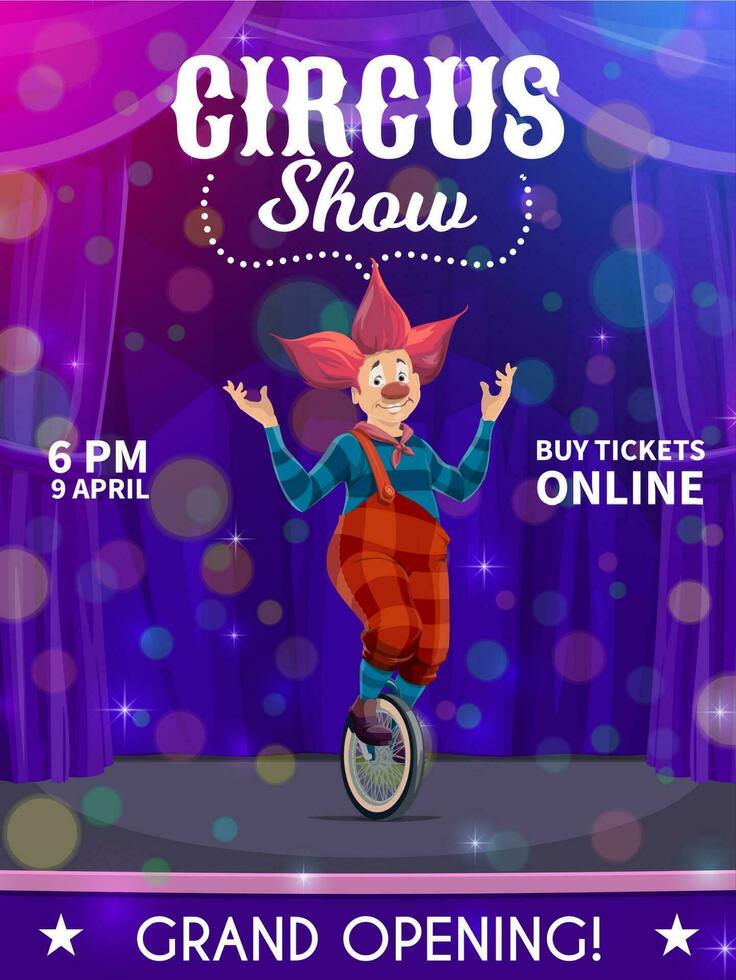 Shapito circus poster, cartoon clown on unicycle vector