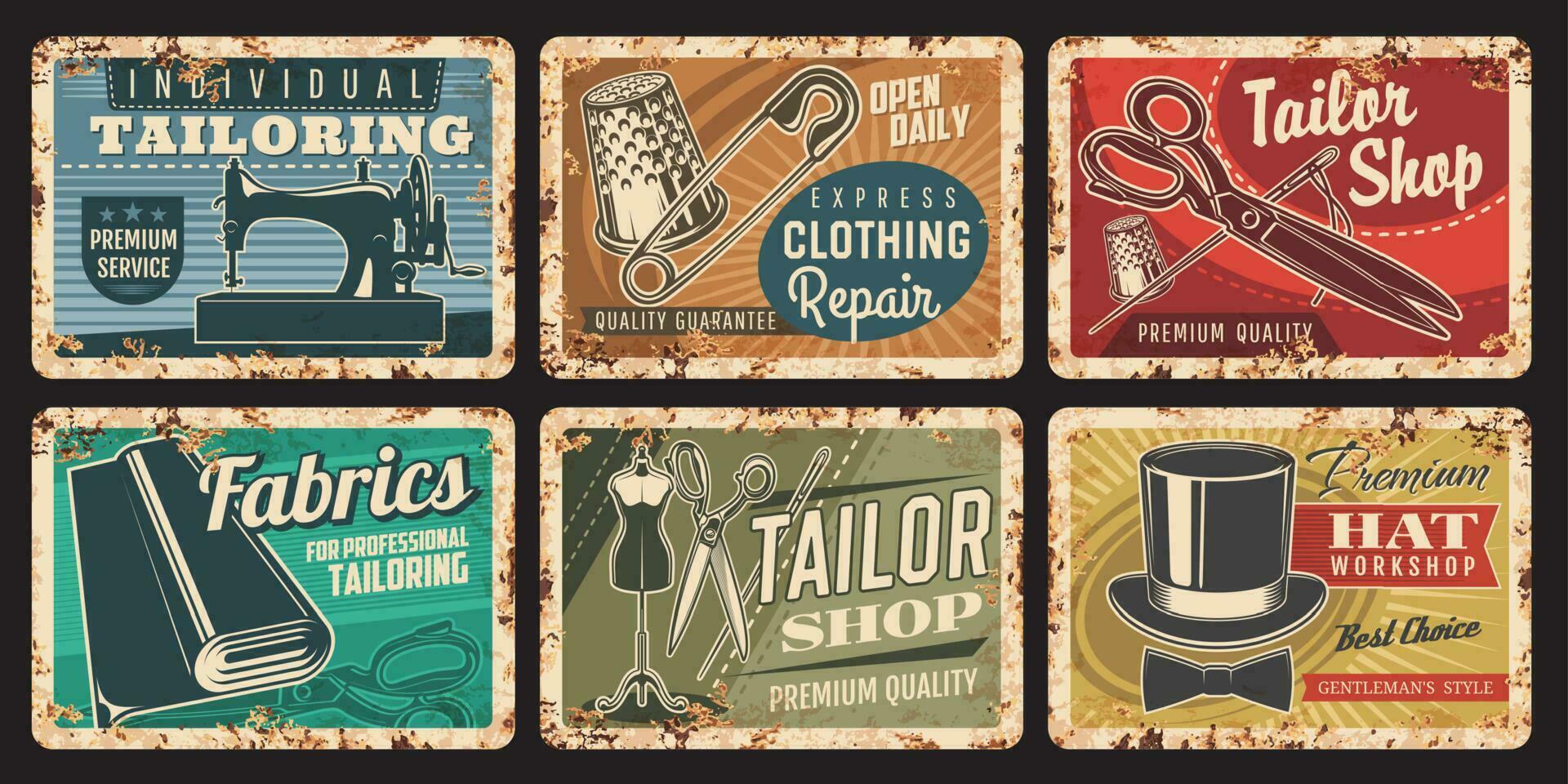 Tailoring service and clothing repair rusty plates vector