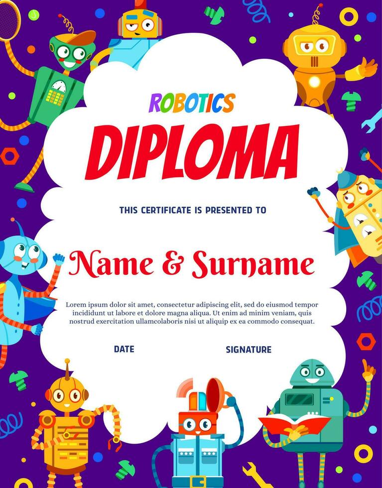 niños diploma, dibujos animados mecánico robot caracteres vector