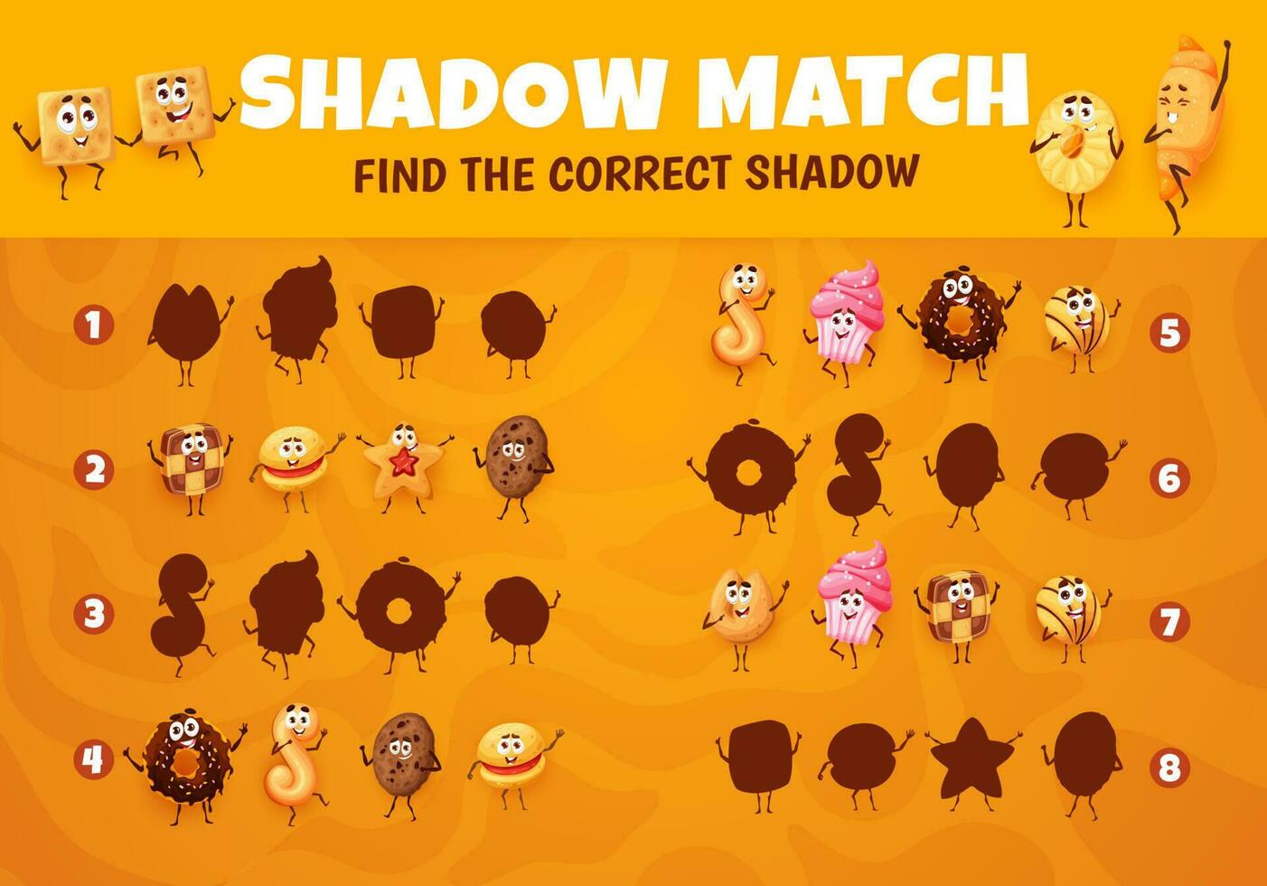 Cookies, desserts and pastry on shadow match game vector