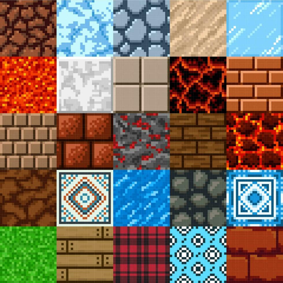 Retro 8 bit pixel art game surface patterns set vector