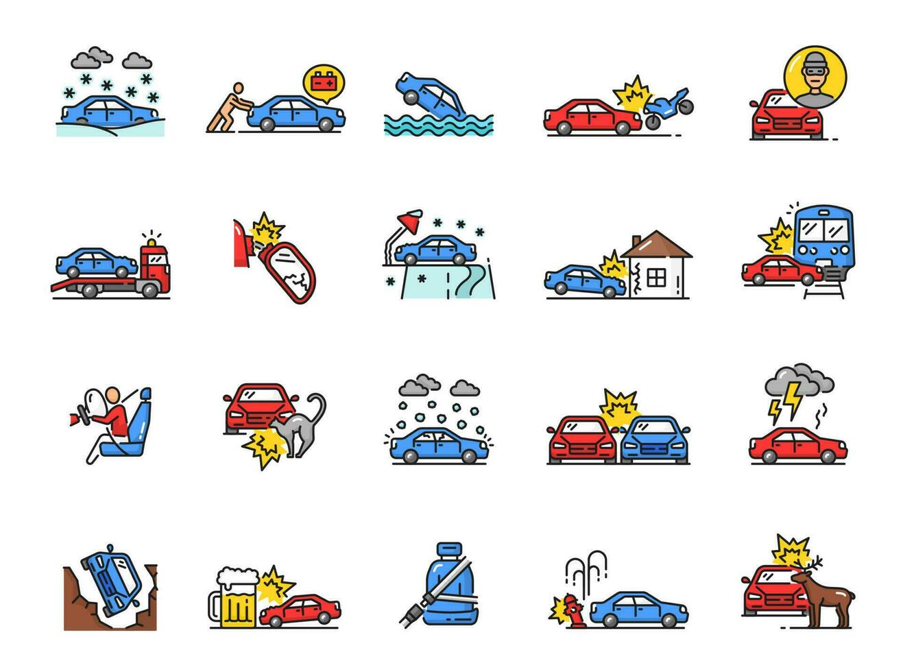 Car crash line icons, damage, collision, failure vector