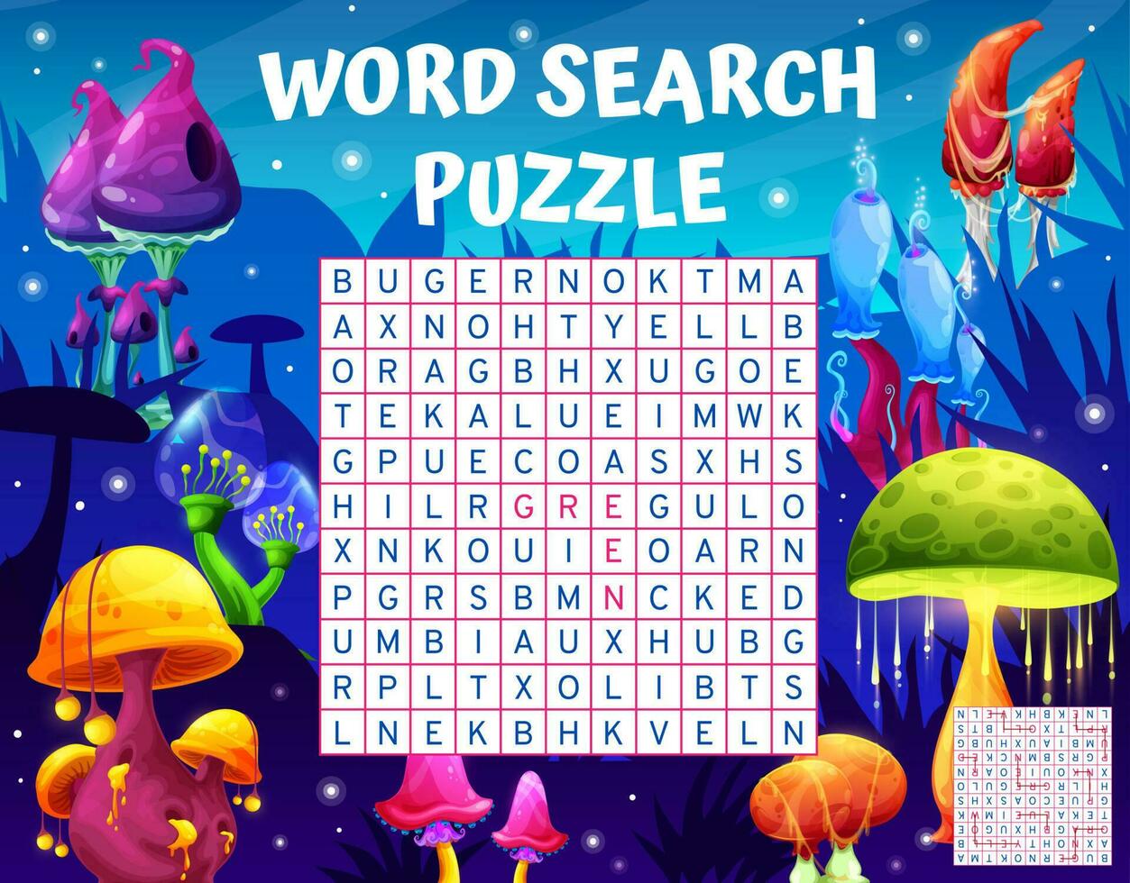 Magic luminous mushrooms, word search puzzle game vector