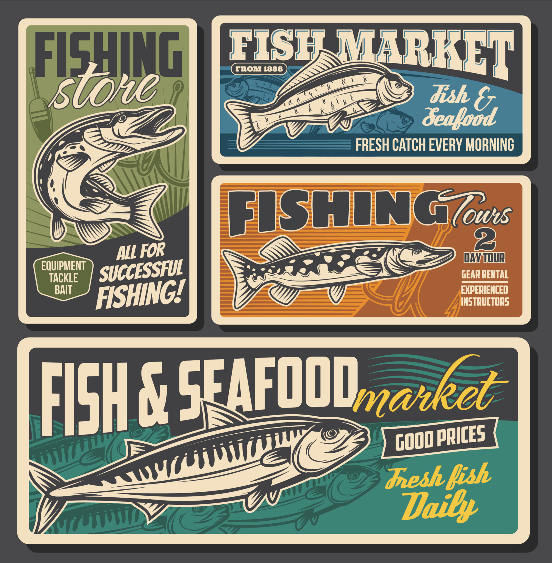 Fishing equipment store, seafood and fish market 23497156 Vector