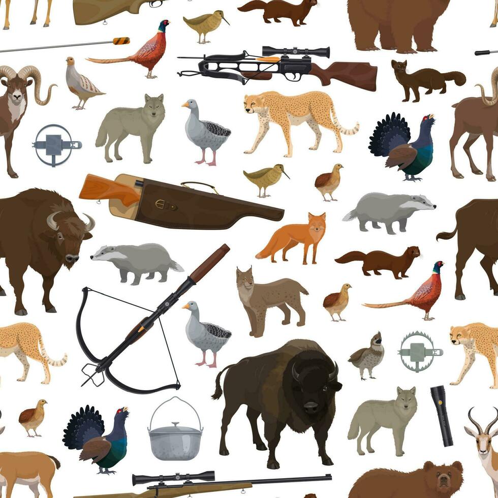 Hunting sport items, animals and birds pattern vector