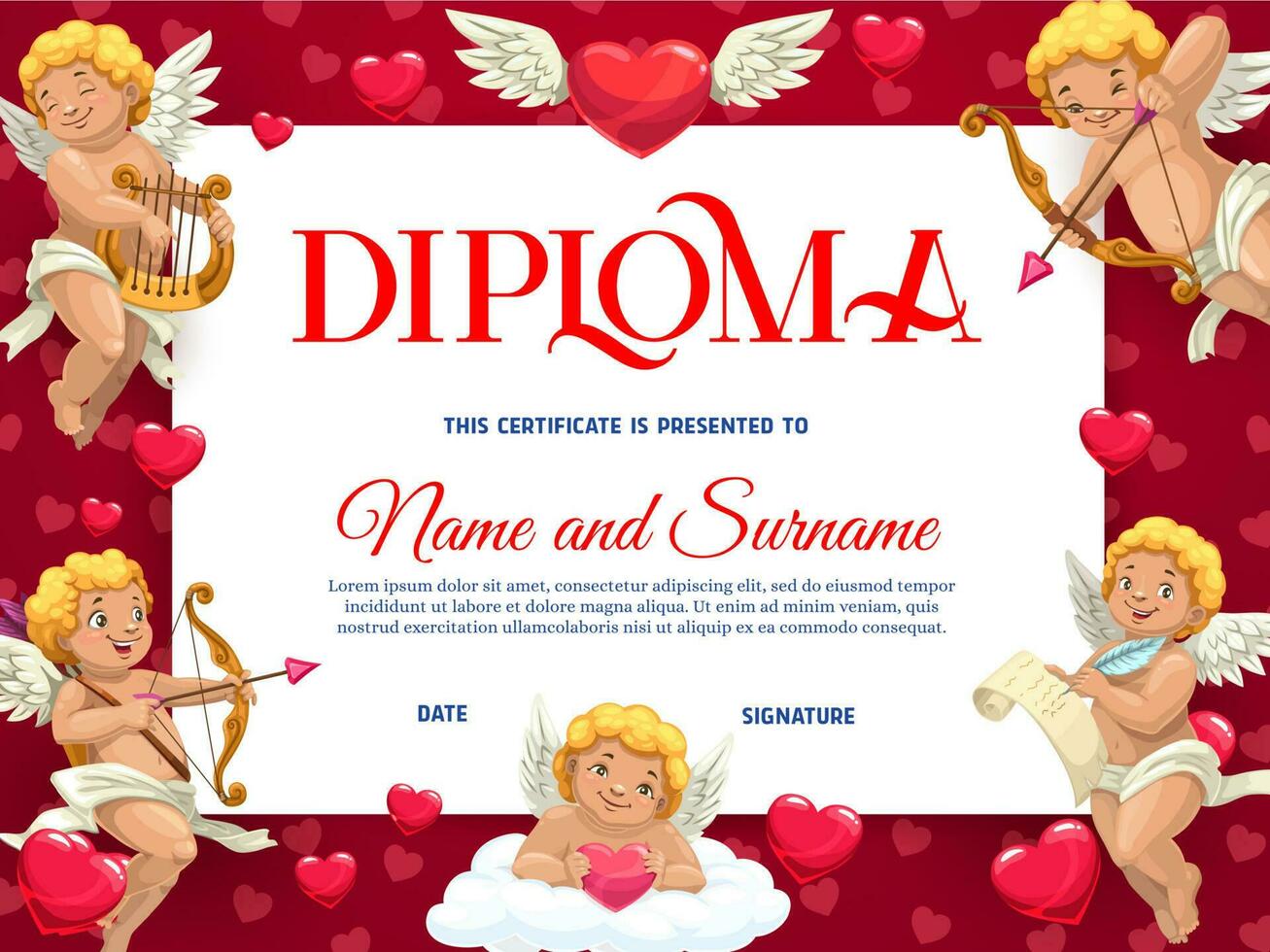 Saint Valentines day kids diploma vector template