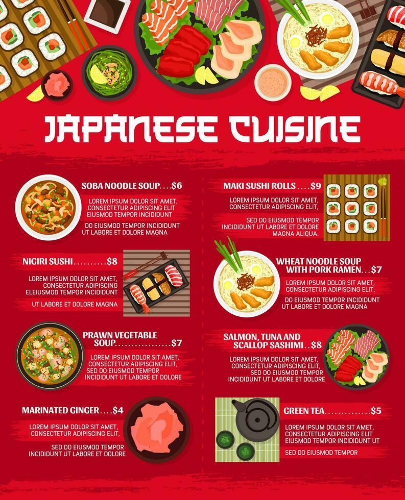 japonés cocina restaurante comida menú modelo vector