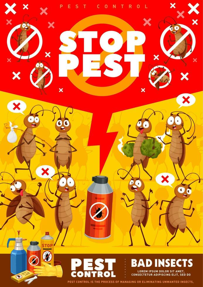 Pest control poster or flyer with funny cockroach vector