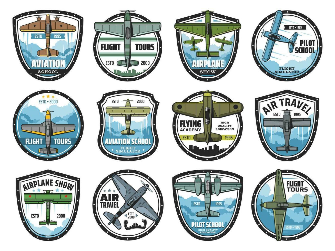 Aviation school vintage planes vector icons