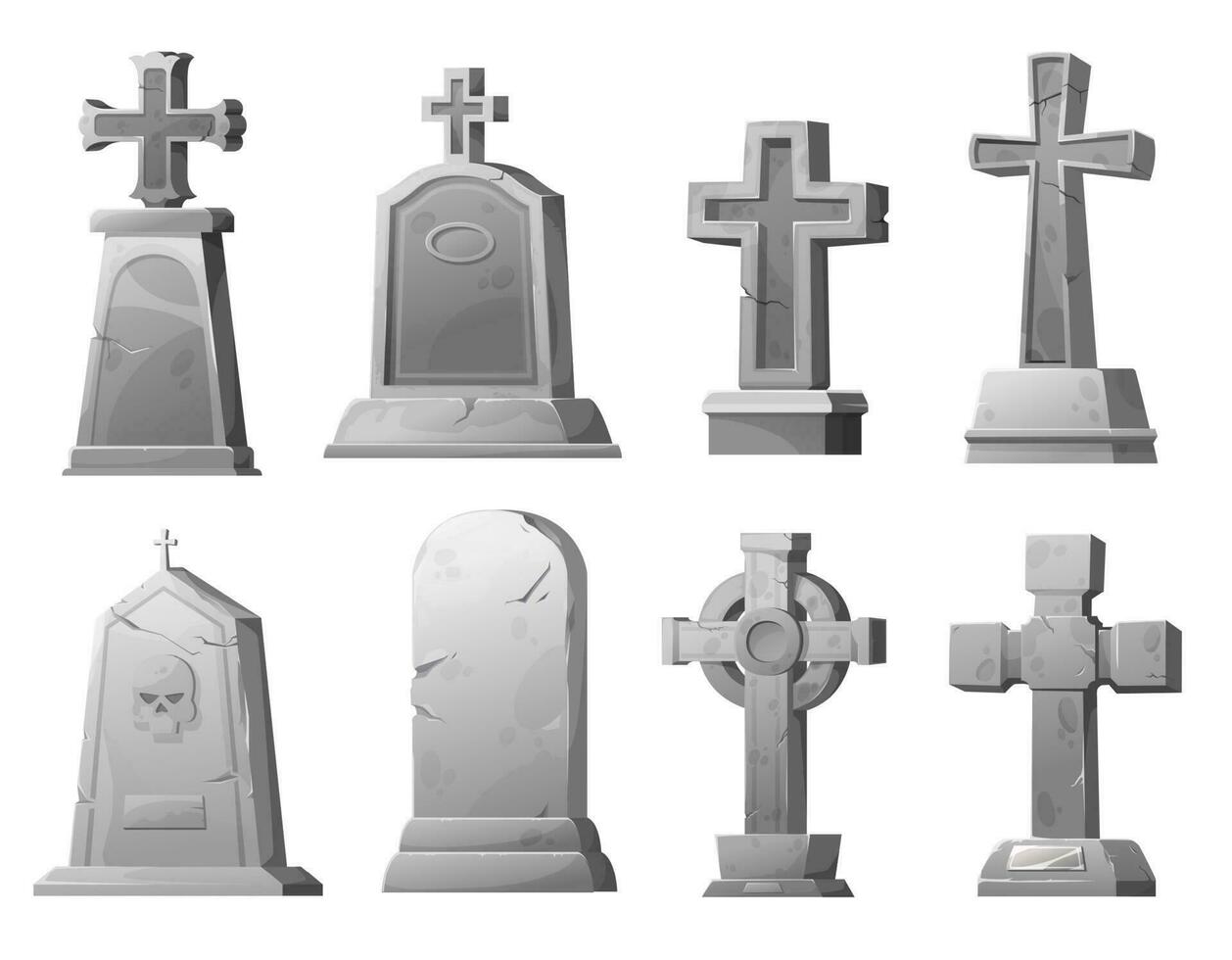 Cartoon stone grave crosses and gravestones set vector