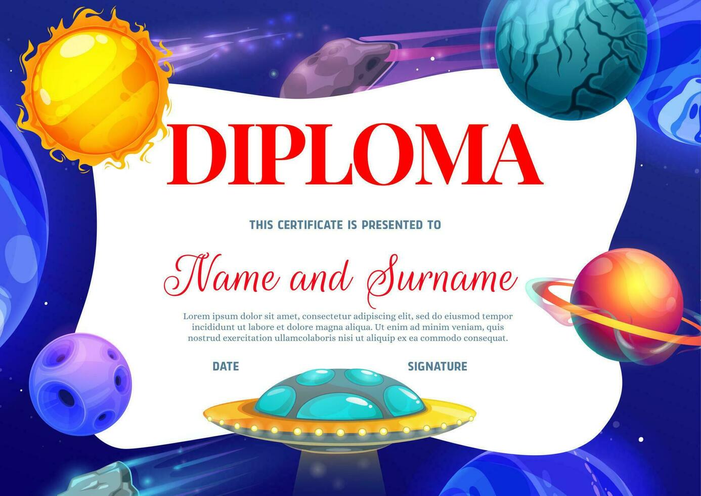 Kids diploma with space planets and ufo frame vector