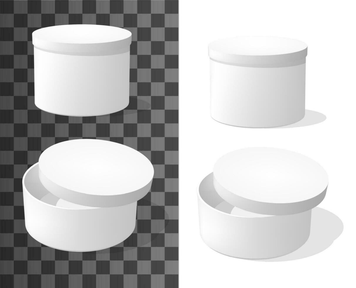 Round cardboard boxes, packaging 3d vector mockup