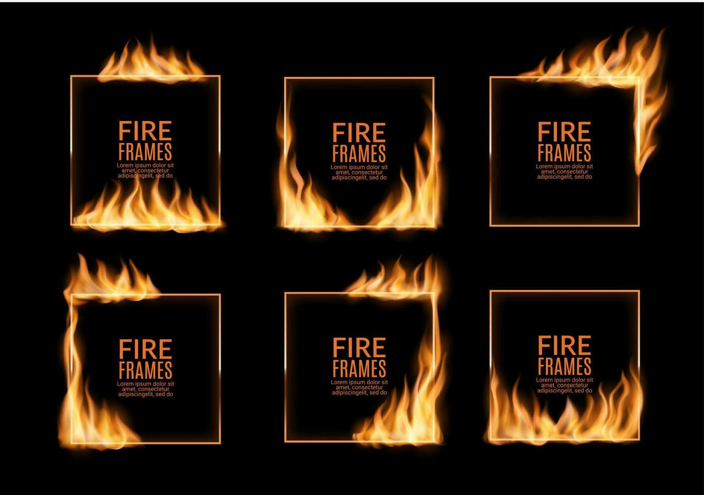 Square frames, fire flames, vector burning borders