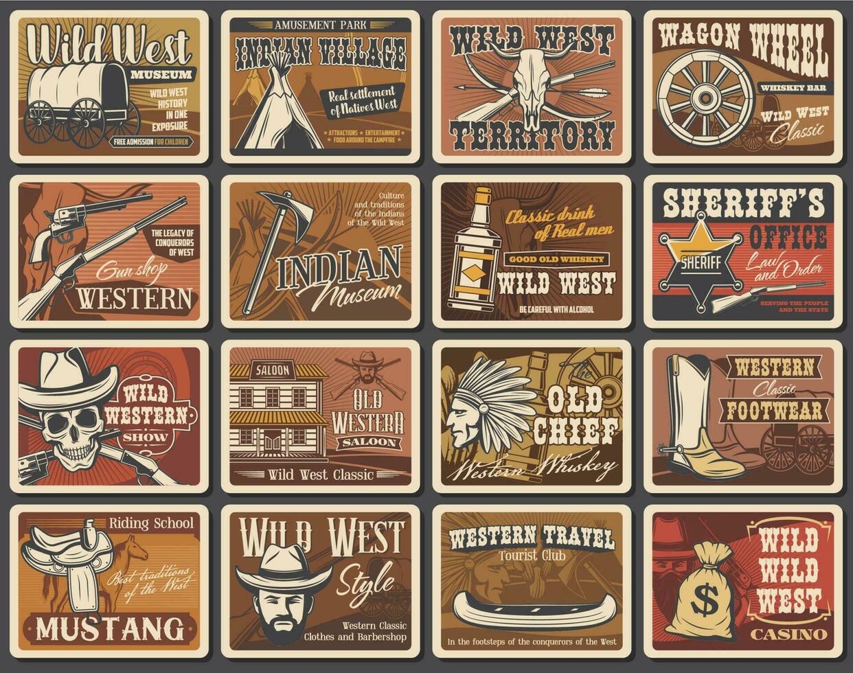 Wild West vector posters, cowboy retro cards set