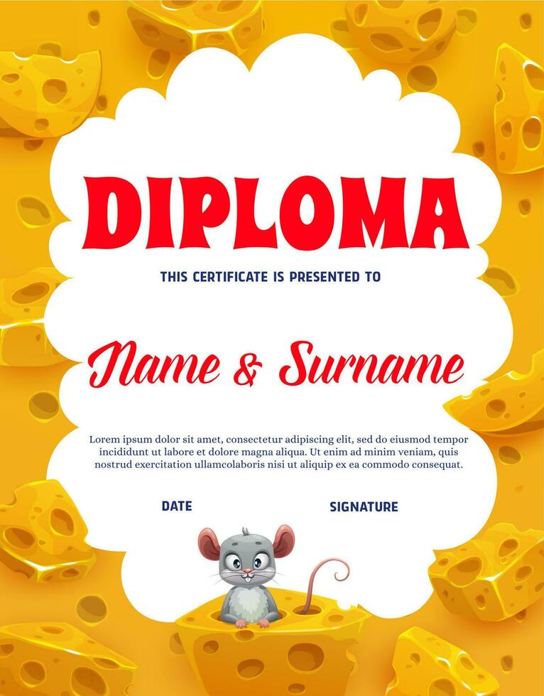 Kids vertical diploma with cheese and mouse vector