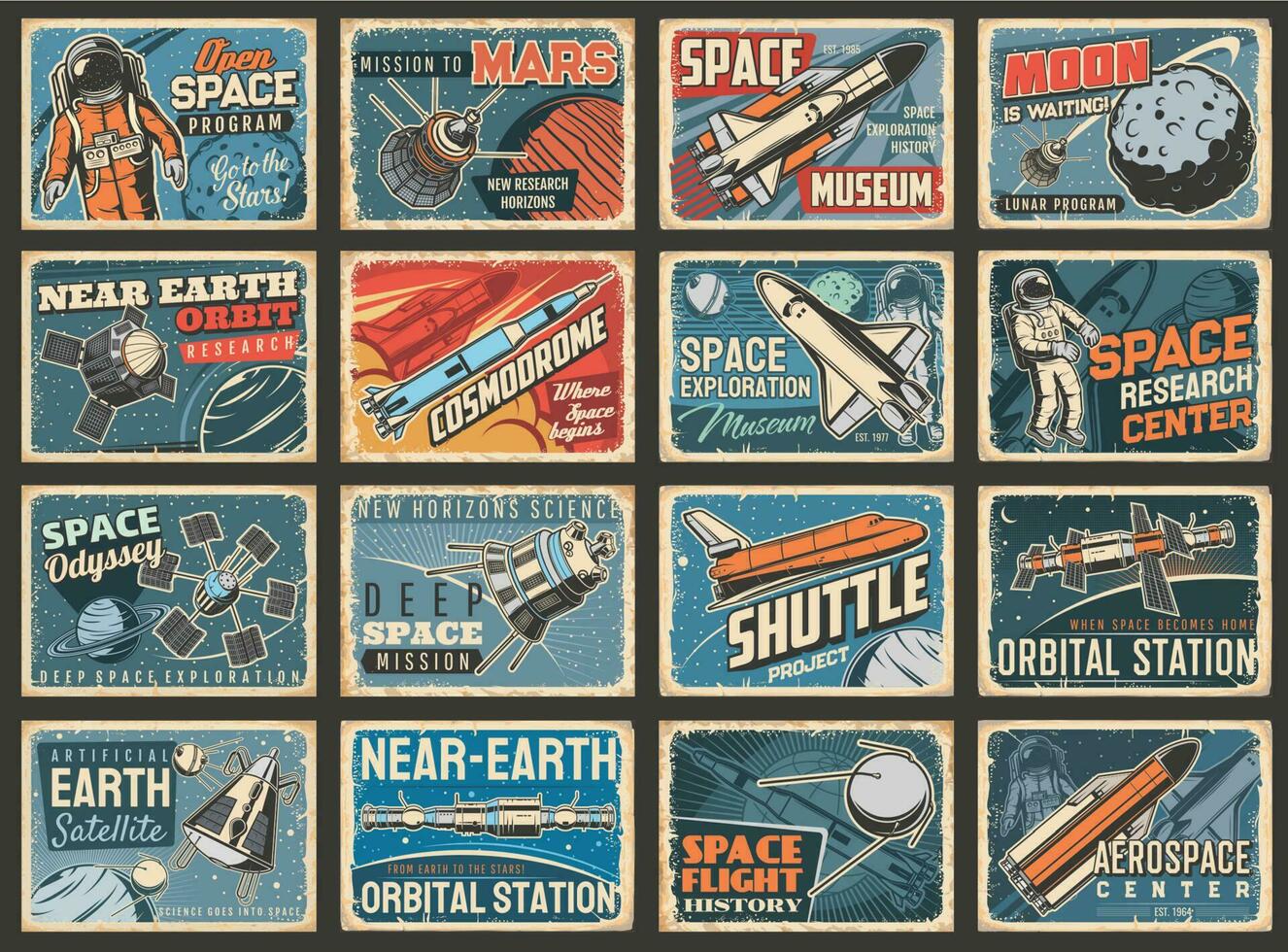 Astronauts, space shuttles and galaxy retro plates vector