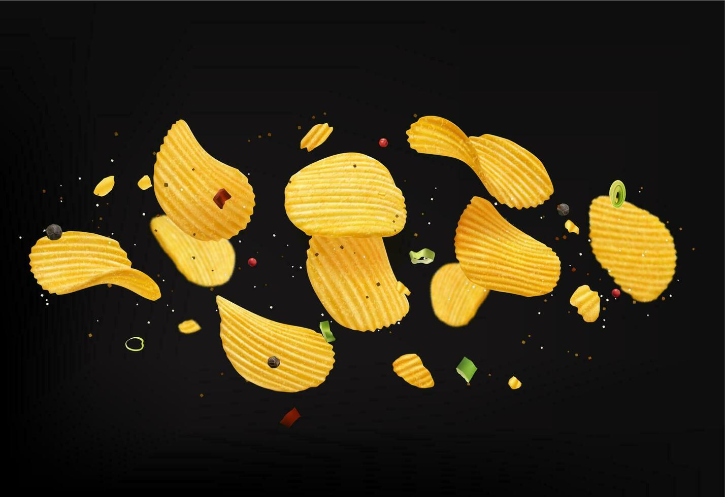 Flying crispy ripple potato chips, onion, spices vector