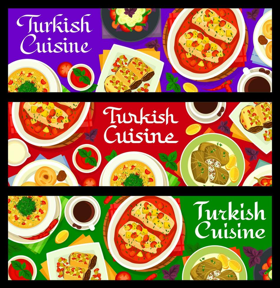 Turkish cuisine menu meals banners, vector set