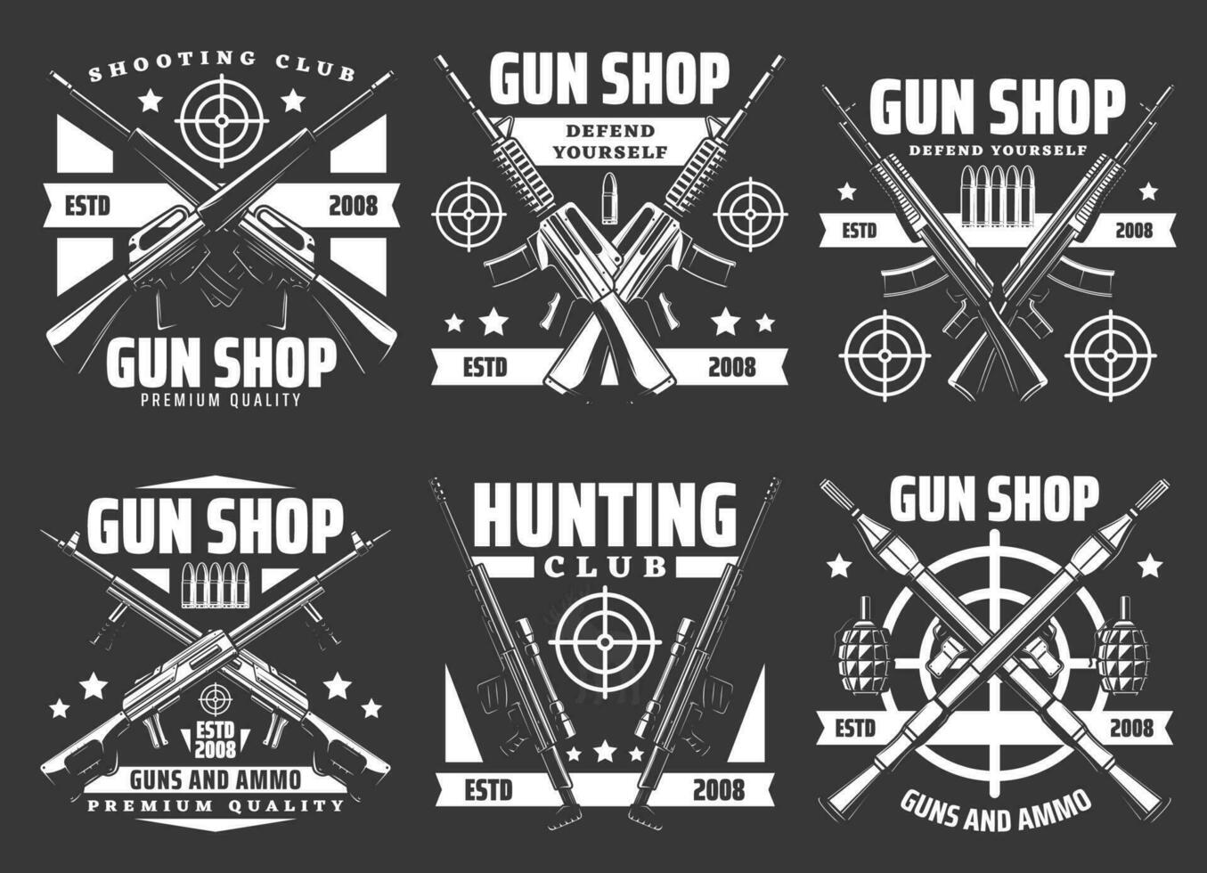 Shooting club, hunting and gun shop icons vector