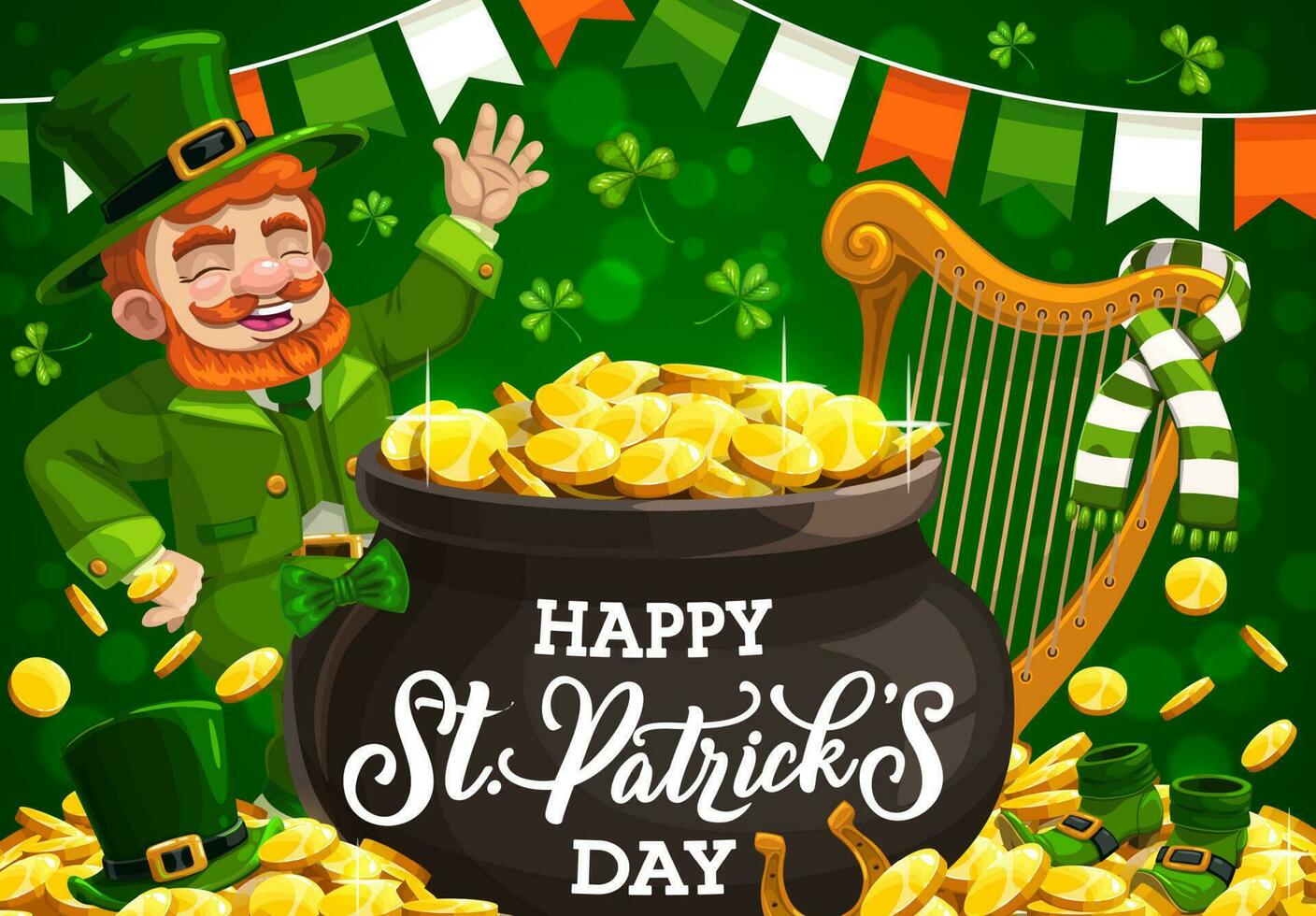 St Patricks Day leprechaun with gold pot, shamrock vector