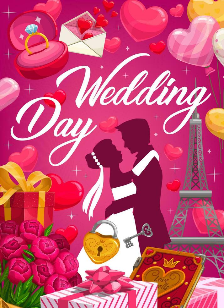 Groom and bride with bouquet. Wedding invitation vector