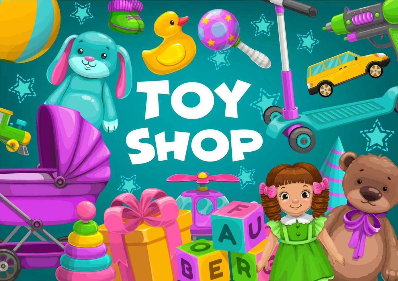 Kids toy shop, baby kids games, girl and boy gifts vector