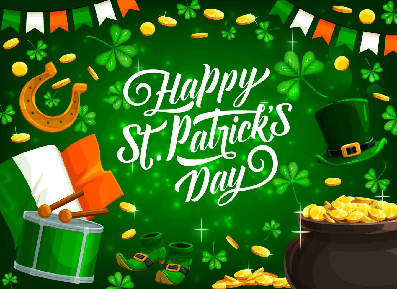 Patricks Day holiday pot of gold and clover leaves vector