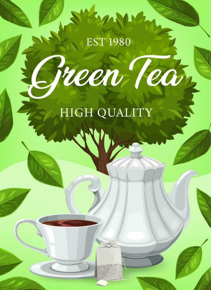 Green tea leaves, drink cup, tea bag and pot vector