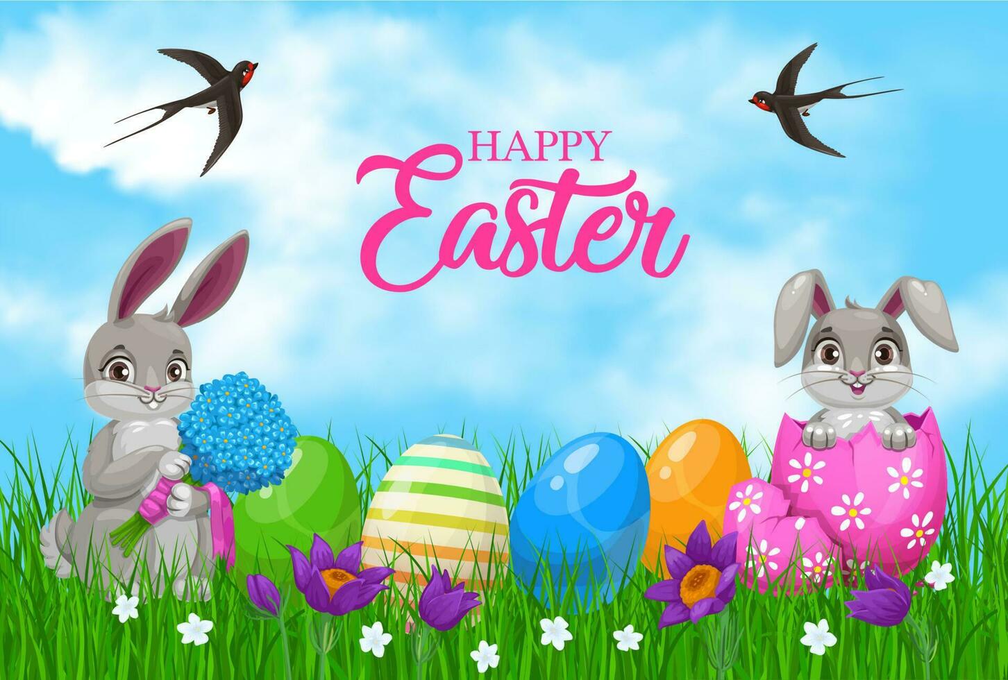 Easter bunnies with eggs and flowers vector