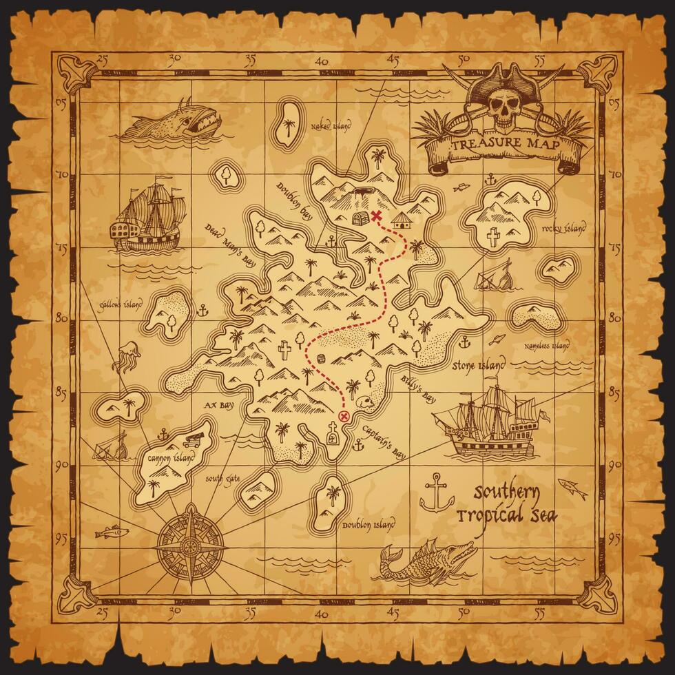 Old antique pirate treasure map caribbean island vector