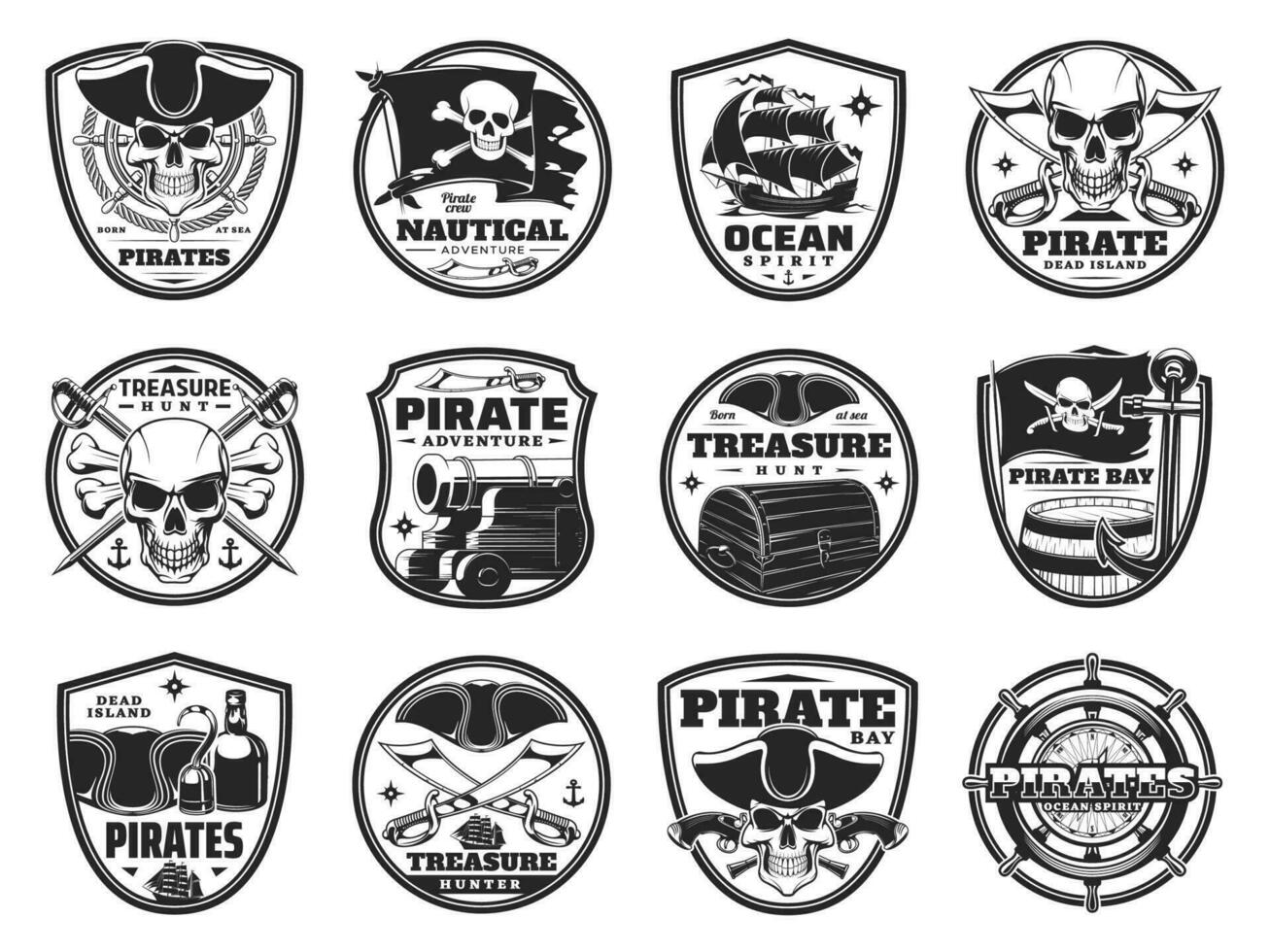 Piracy and pirate heraldic icons, vector symbols