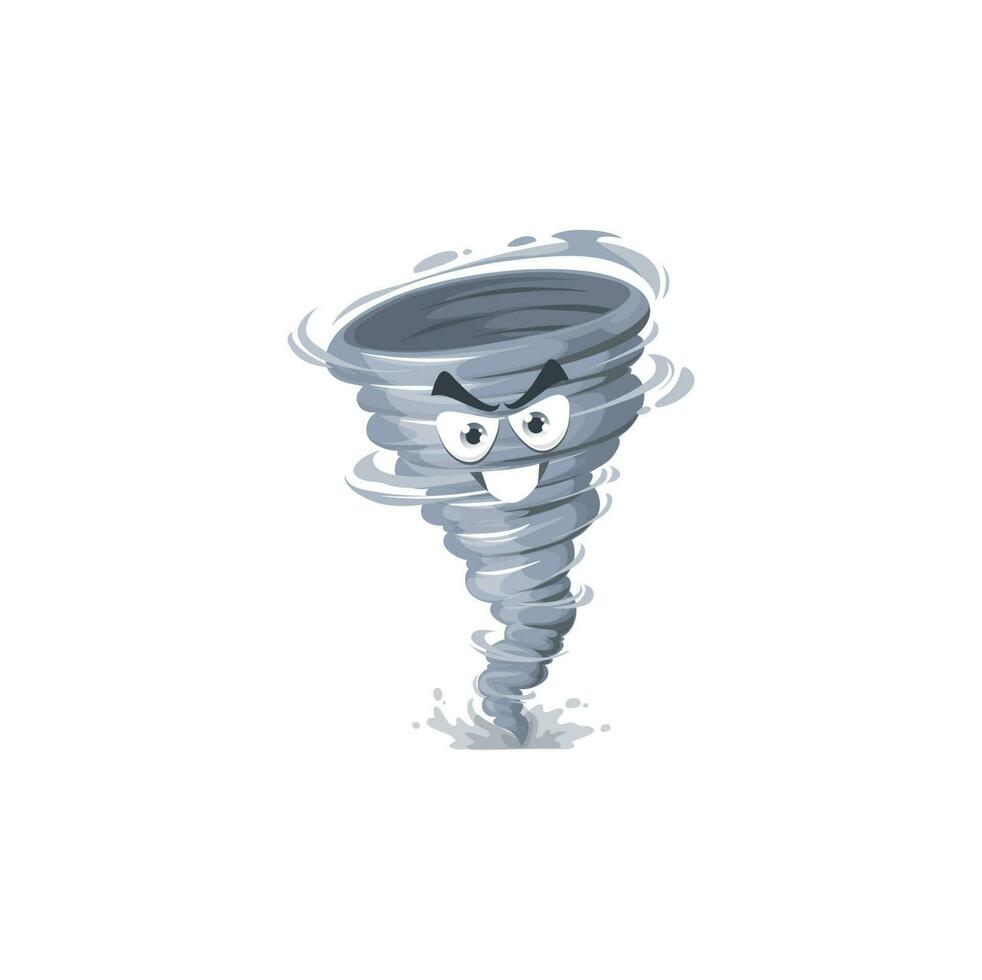 dibujos animados tornado personaje, tormenta o torbellino vector