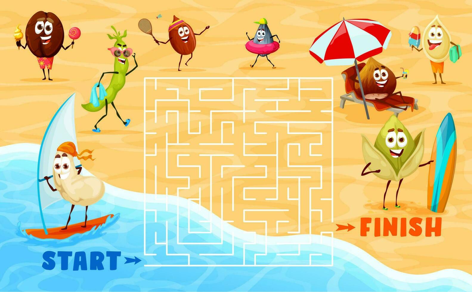 Labyrinth maze game with nuts characters on beach vector