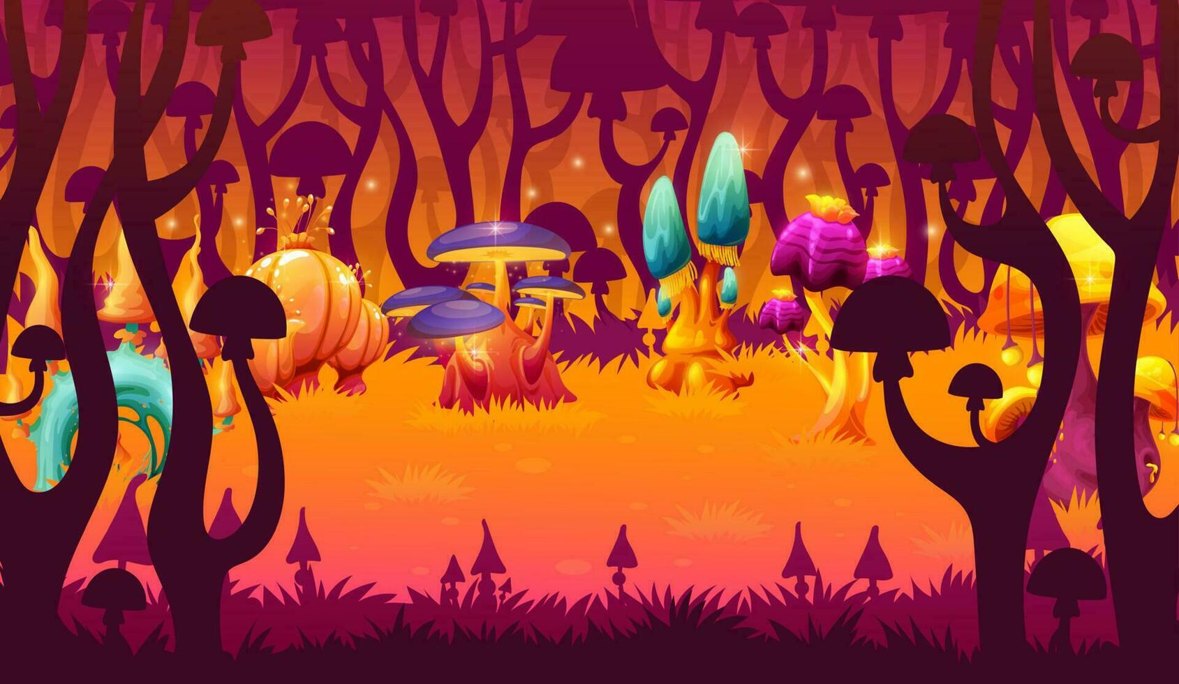 Magic luminous mushrooms game level landscape vector